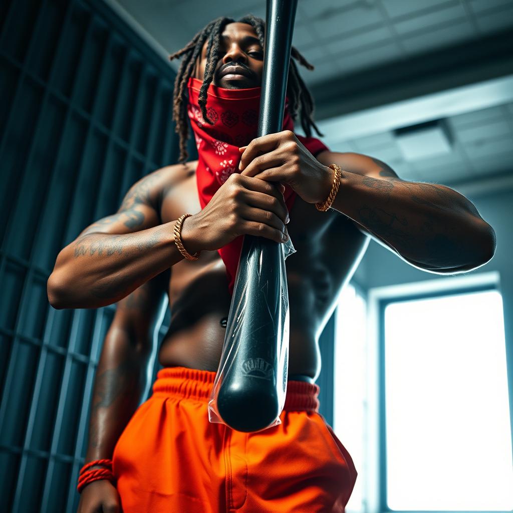 A close-up of a muscular African American gang member with baggy orange pants and a red bandana mask covering his nose and mouth