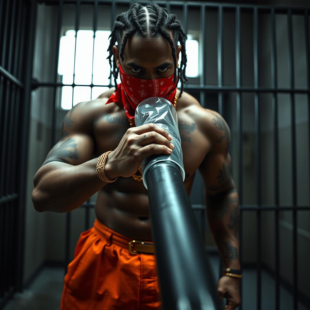 A close-up of a muscular African American gang member with baggy orange pants and a red bandana mask covering his nose and mouth