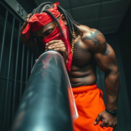 A close-up of a muscular African American gang member with baggy orange pants and a red bandana mask covering his nose and mouth