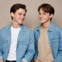 A digital portrait of Tom Holland and Kim Taehyung hanging out together, both sporting causal clothes and sharing a friendly moment.