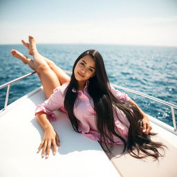 A full body portrait of an American girl with long black hair, lounging on a luxurious yacht