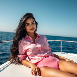 A full body portrait of an American girl with long black hair, lounging on a luxurious yacht