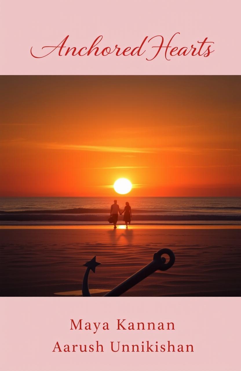 A stunning sunset beach scene with the sun setting over the ocean, casting a warm orange glow across the sky and water