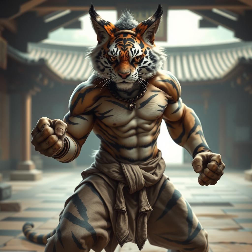 A powerful tabaxi monk with fur resembling a tiger, showcasing his impressive muscles developed from rigorous training