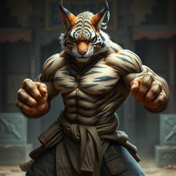 A powerful tabaxi monk with fur resembling a tiger, showcasing his impressive muscles developed from rigorous training