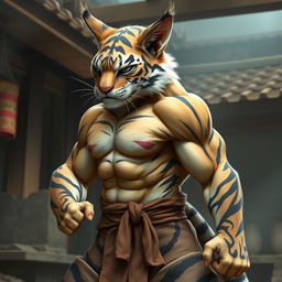 A powerful tabaxi monk with fur resembling a tiger, showcasing his impressive muscles developed from rigorous training