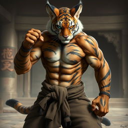 A powerful tabaxi monk with fur resembling a tiger, showcasing his impressive muscles developed from rigorous training