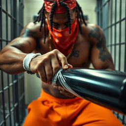 A close-up of a muscular African American gang member in a prison cell