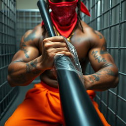 A close-up of a muscular African American gang member in a prison cell