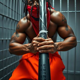 A close-up of a muscular African American gang member in a prison cell