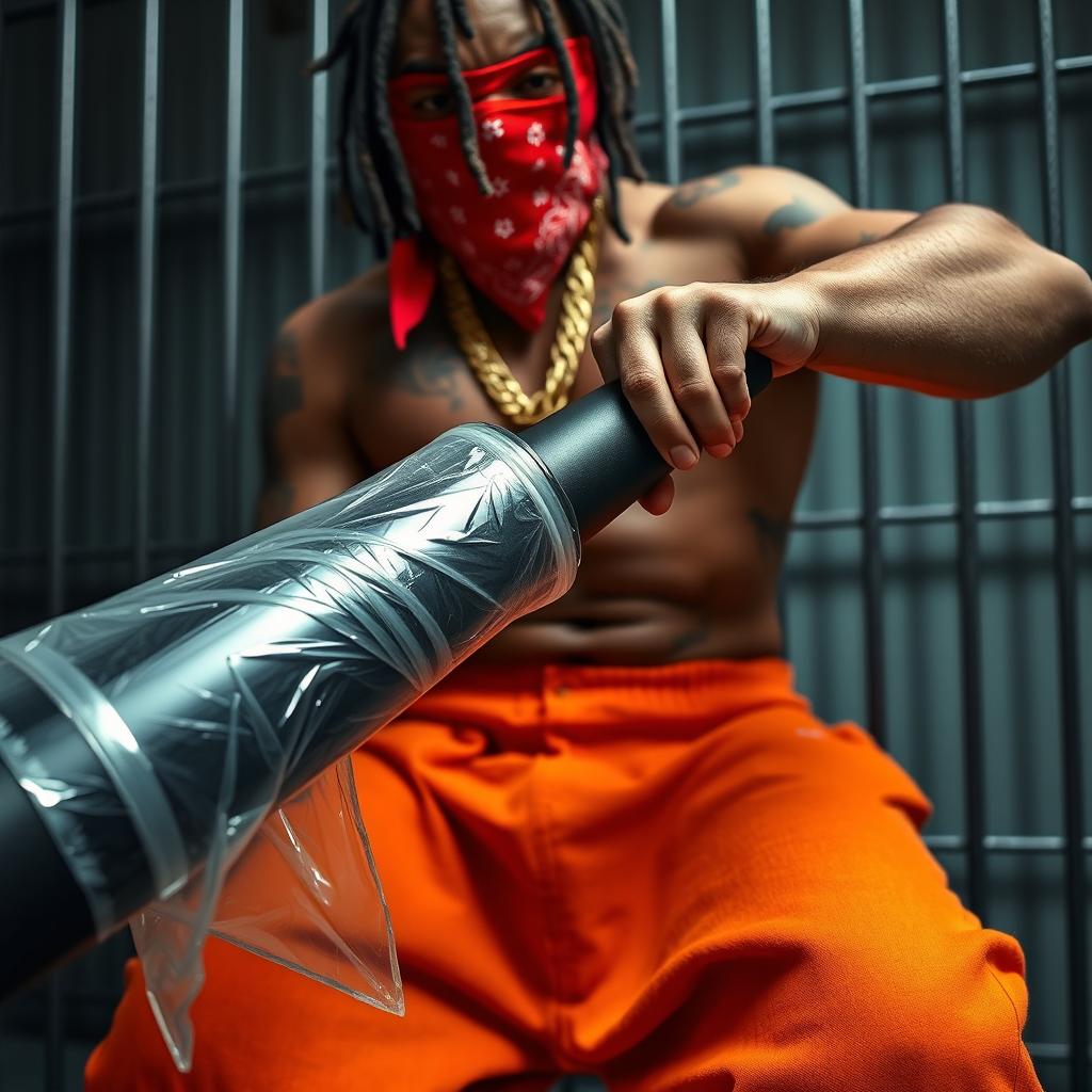 A close-up of a muscular African American gang member in a prison cell, wearing baggy orange pants and a red bandana mask covering his nose and mouth