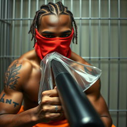 A close-up of a muscular African American gang member in a prison cell, wearing baggy orange pants and a red bandana mask covering his nose and mouth