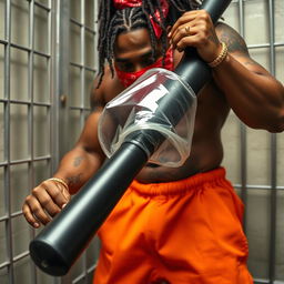 A close-up of a muscular African American gang member in a prison cell, wearing baggy orange pants and a red bandana mask covering his nose and mouth