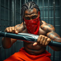 A close-up of a muscular African American gang member in a prison cell, wearing baggy orange pants and a red bandana mask covering his nose and mouth