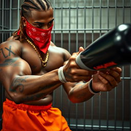 Close-up of a muscular African American gang member in a prison cell