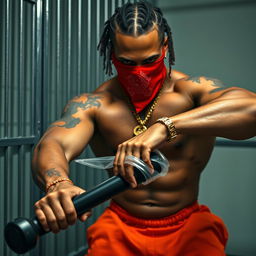 Close-up of a muscular African American gang member in a prison cell