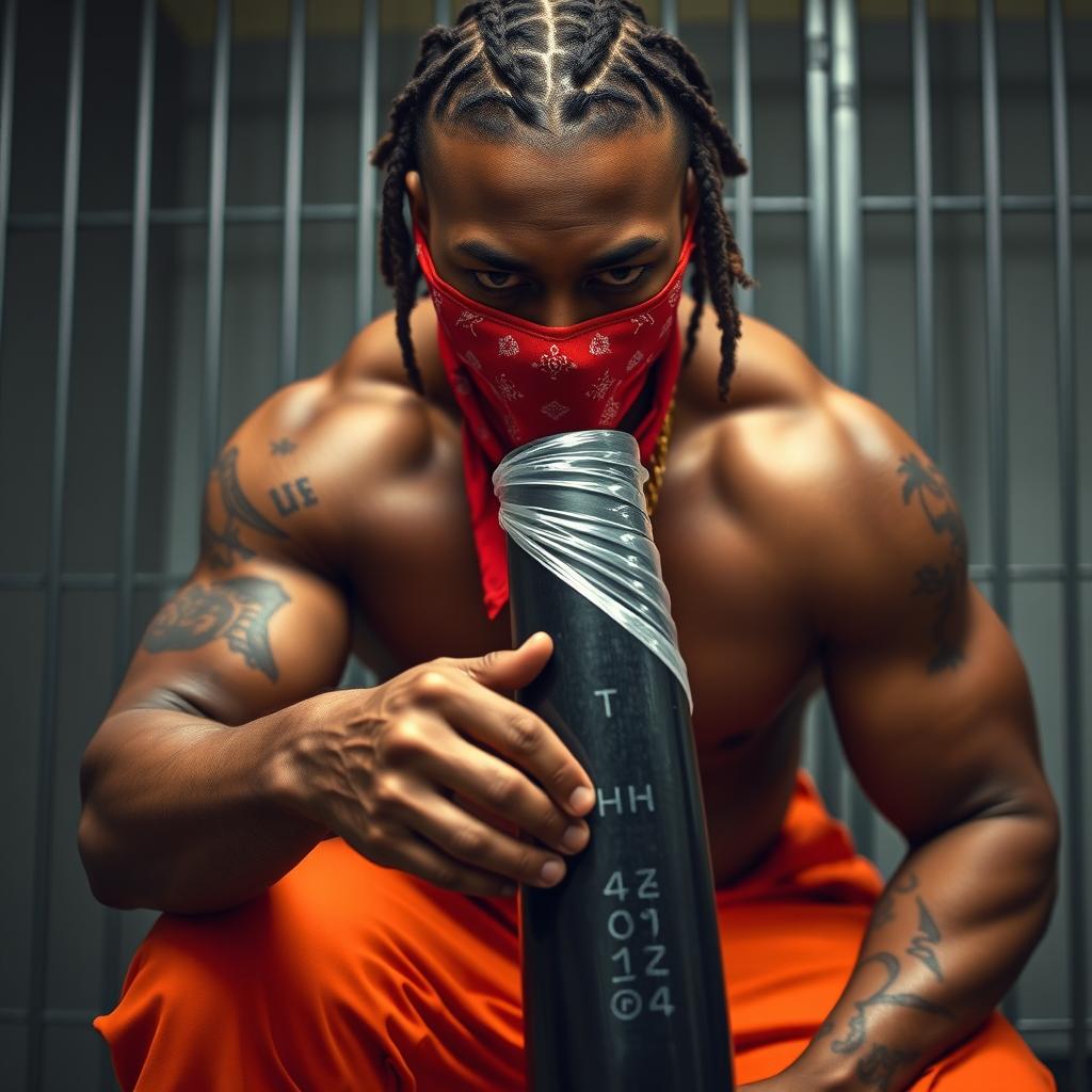 Close-up of a muscular African American gang member in a prison cell