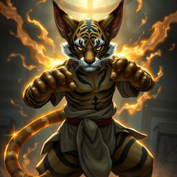 A dynamic portrayal of a Tabaxi monk with tiger-like fur patterns, standing confidently in a fighting stance