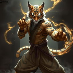 A dynamic portrayal of a Tabaxi monk with tiger-like fur patterns, standing confidently in a fighting stance