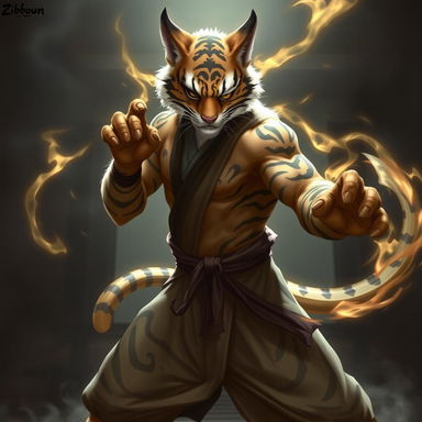A dynamic portrayal of a Tabaxi monk with tiger-like fur patterns, standing confidently in a fighting stance