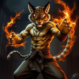 A dynamic portrayal of a Tabaxi monk with tiger-like fur patterns, standing confidently in a fighting stance