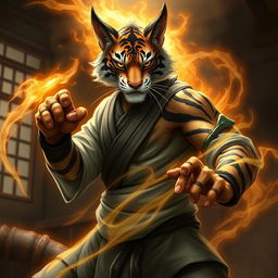 A dynamic portrayal of a Tabaxi monk with tiger-like fur patterns, standing confidently in a fighting stance