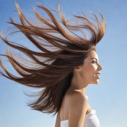 Include in the flyer, a striking image of shiny, healthy hair blowing in the wind, symbolizing freedom and health. Place captivating facts about the shampoo and its benefits next to it. Use the Dove shampoo bottle as a center piece.