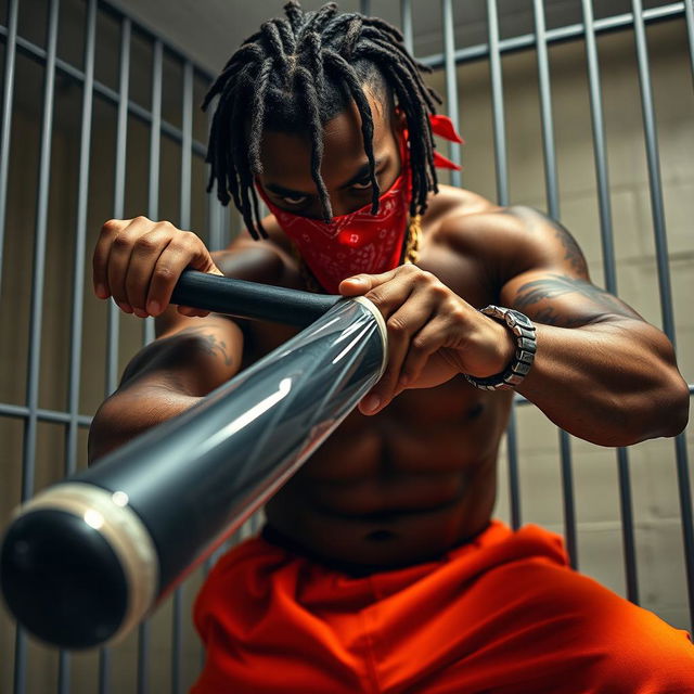 A close-up of a muscular African American gang member in a prison cell