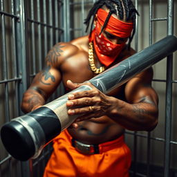 A close-up of a muscular African American gang member in a prison cell