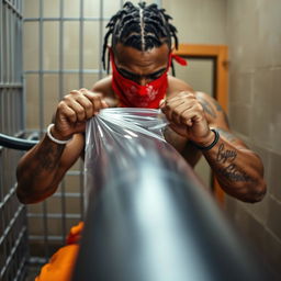 A close-up of a muscular African American gang member in a prison cell