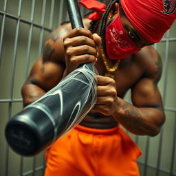 A close-up of a muscular African American gang member in a prison cell