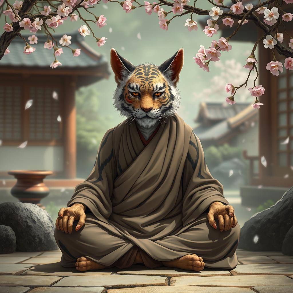 An old Tabaxi monk with wise and weathered features, his fur patterned like that of a tiger