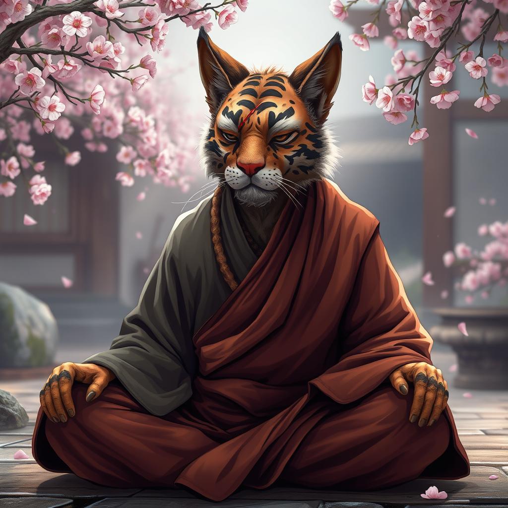 An old Tabaxi monk with wise and weathered features, his fur patterned like that of a tiger