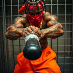 A close-up of an intense and muscular African American gang member in a prison cell