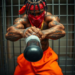 A close-up of an intense and muscular African American gang member in a prison cell