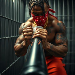 A close-up of an intense and muscular African American gang member in a prison cell