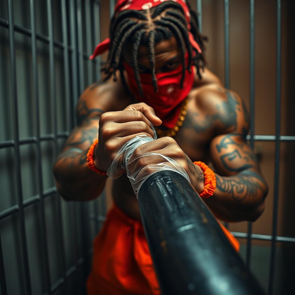 A close-up of an intense and muscular African American gang member in a prison cell