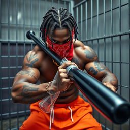 close-up of a muscular African American gang member in a prison cell, wearing baggy orange pants and a red bandana mask over the nose and mouth