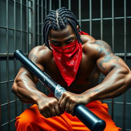 close-up of a muscular African American gang member in a prison cell, wearing baggy orange pants and a red bandana mask over the nose and mouth