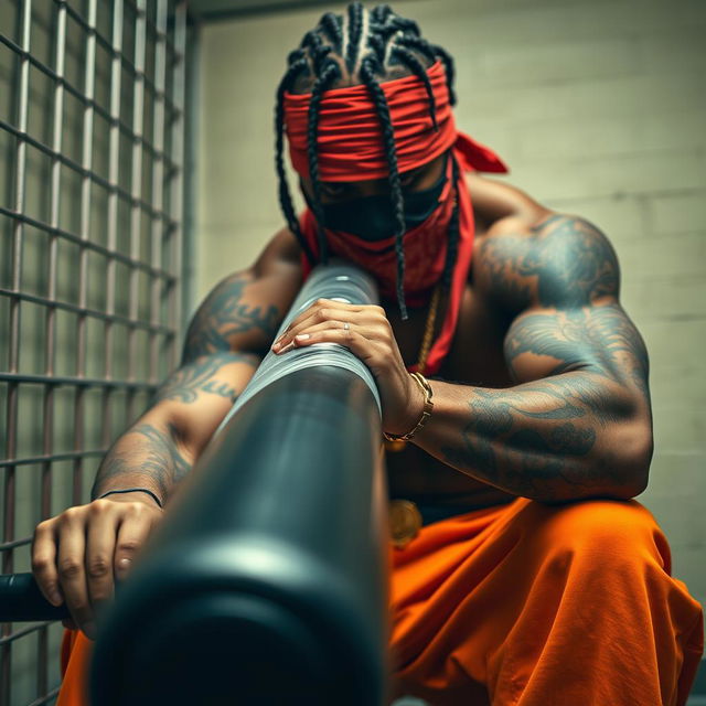 close-up of a muscular African American gang member in a prison cell, wearing baggy orange pants and a red bandana mask over the nose and mouth