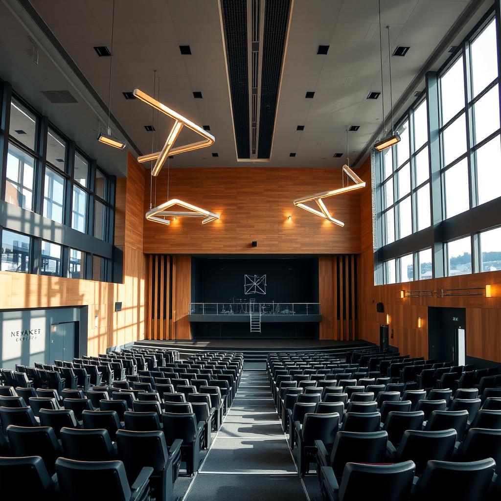 A sleek and modern auditorium featuring contemporary architecture, with large panoramic windows allowing natural light to flood in