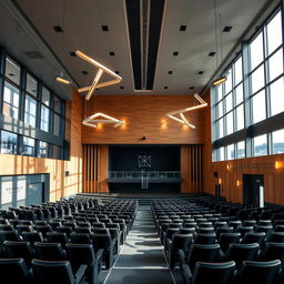 A sleek and modern auditorium featuring contemporary architecture, with large panoramic windows allowing natural light to flood in