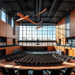 A sleek and modern auditorium featuring contemporary architecture, with large panoramic windows allowing natural light to flood in