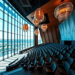 A sleek and modern auditorium featuring contemporary architecture, with large panoramic windows allowing natural light to flood in