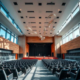 A sleek and modern auditorium featuring contemporary architecture, with large panoramic windows allowing natural light to flood in