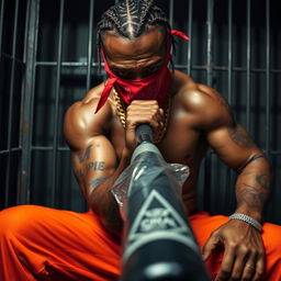 Close-up of a muscular African American gang member in a prison cell, wearing baggy orange pants and a red bandana mask covering his nose and mouth