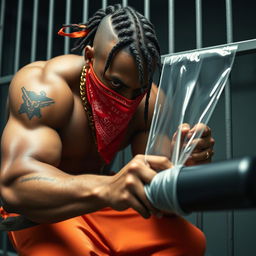 Close-up of a muscular African American gang member in a prison cell, wearing baggy orange pants and a red bandana mask covering his nose and mouth