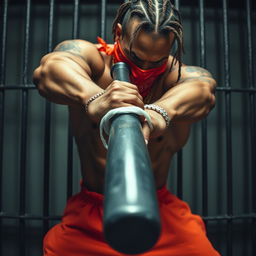 Close-up of a muscular African American gang member in a prison cell, wearing baggy orange pants and a red bandana mask covering his nose and mouth