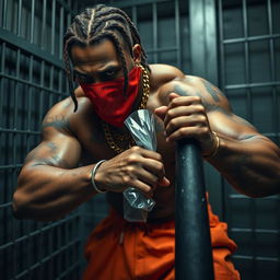 Close-up of a muscular African American gang member in a prison cell, wearing baggy orange pants and a red bandana mask covering his nose and mouth