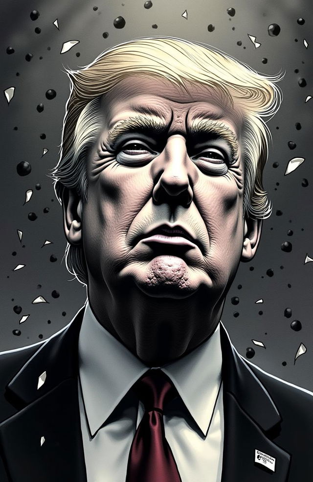 a surreal and unsettling portrait of Donald Trump, styled in the manner of Junji Ito, characterized by intricate linework and a sense of lurking horror